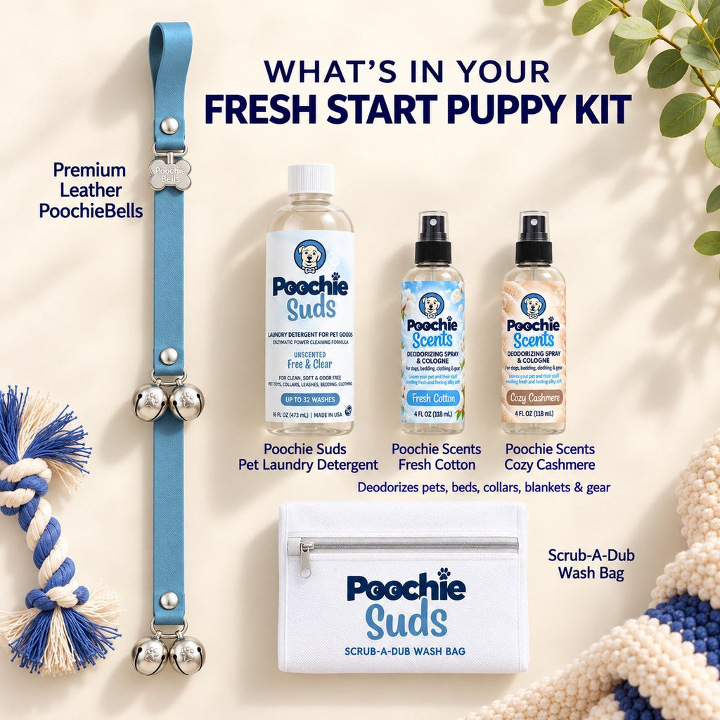 Fresh Start Puppy Kit | Lux Leather PoochieBells + Poochie Suds + Wash Bag + Scents - Poochie-Pets
