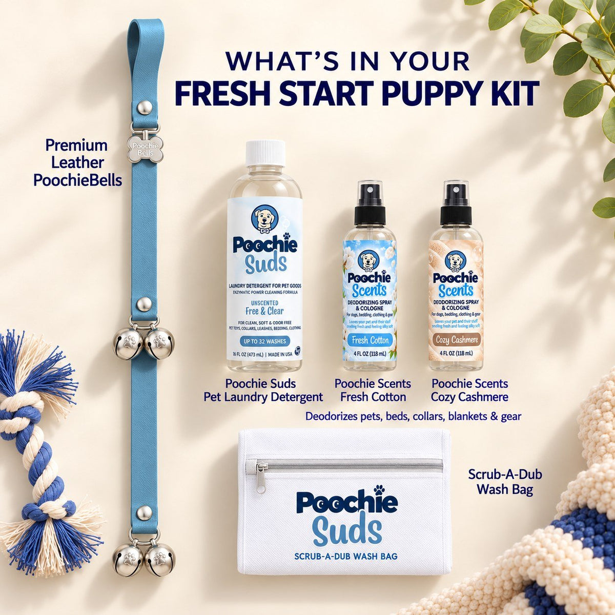 Fresh Start Puppy Kit | Lux Leather PoochieBells + Poochie Suds + Wash Bag + Scents - Poochie-Pets