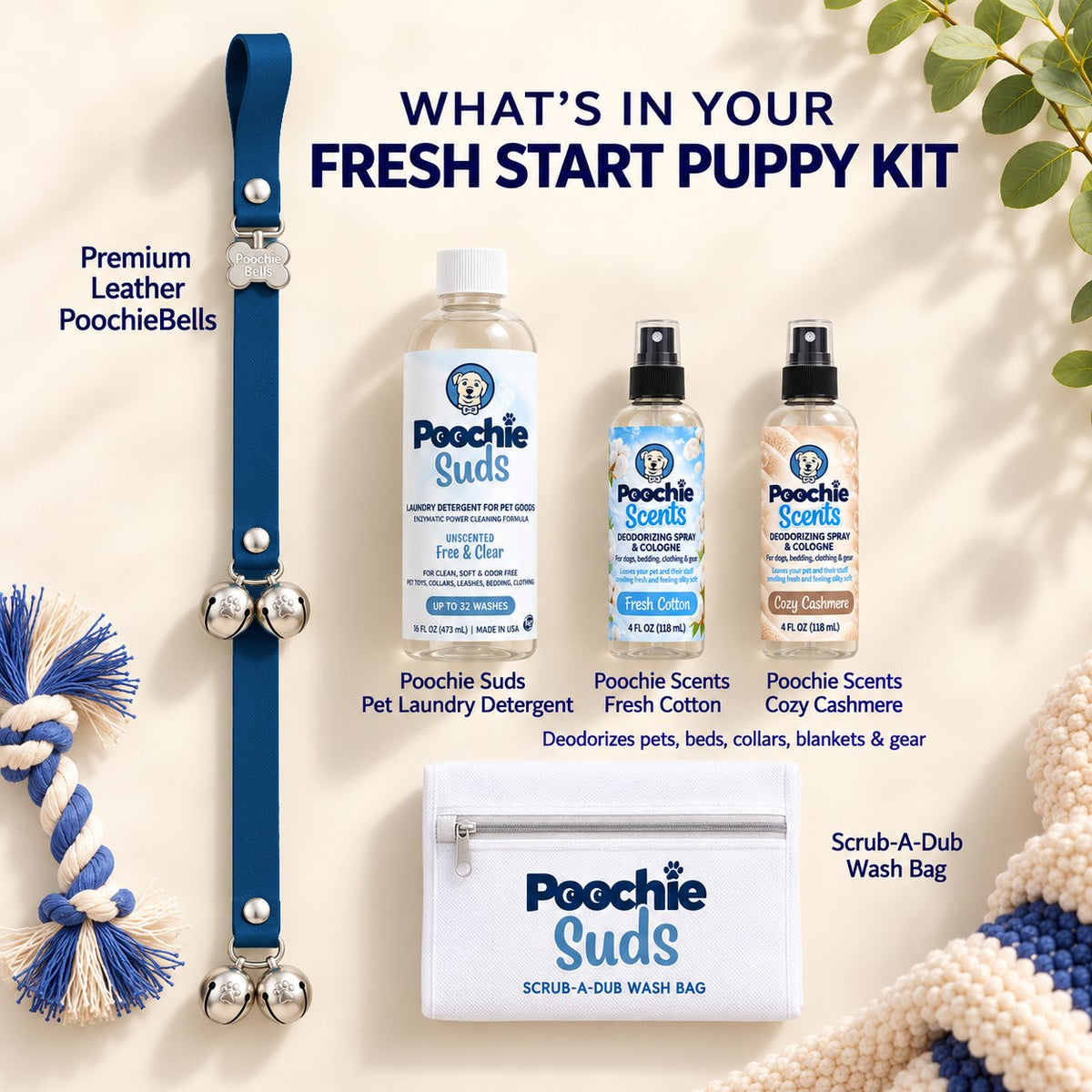Fresh Start Puppy Kit | Lux Leather PoochieBells + Poochie Suds + Wash Bag + Scents - Poochie-Pets