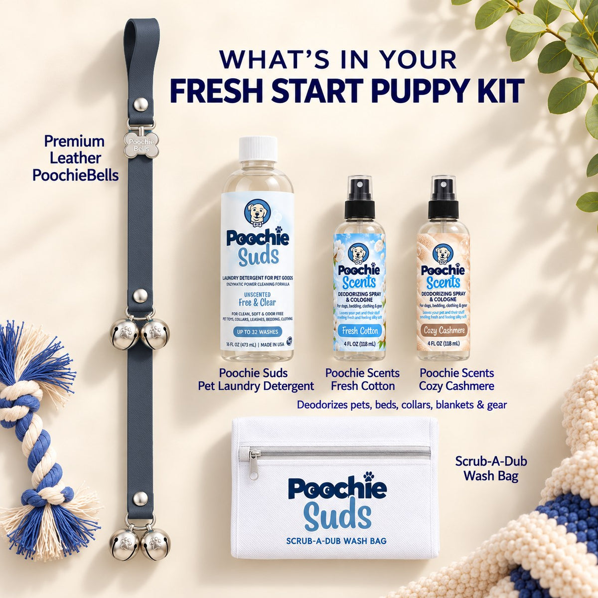 Fresh Start Puppy Kit | Lux Leather PoochieBells + Poochie Suds + Wash Bag + Scents - Poochie-Pets