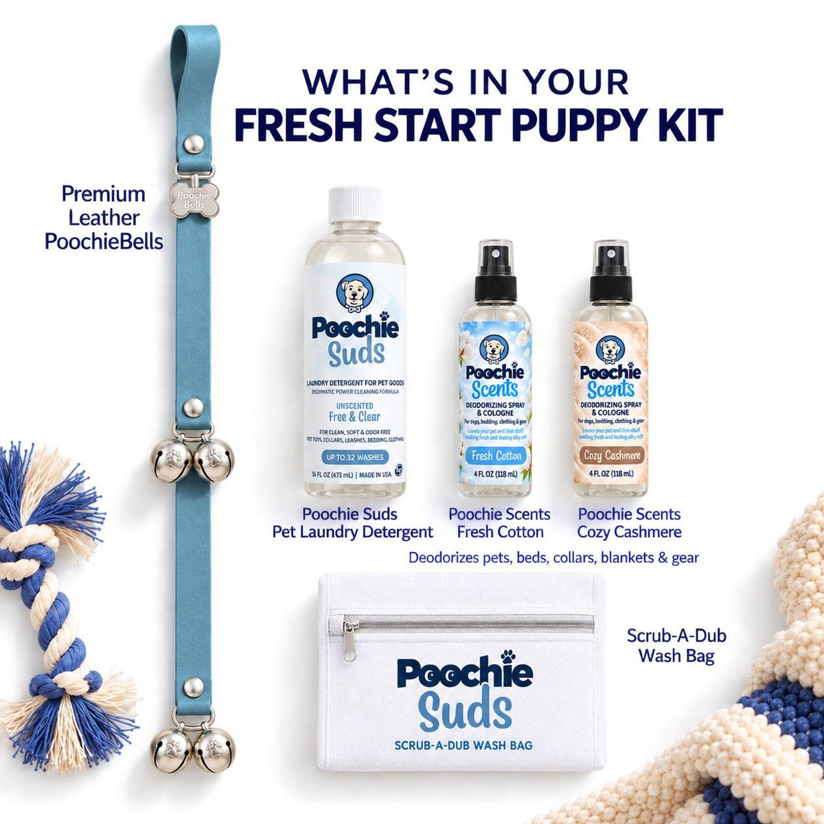 Fresh Start Puppy Kit | Lux Leather PoochieBells + Poochie Suds + Wash Bag + Scents - Poochie-Pets