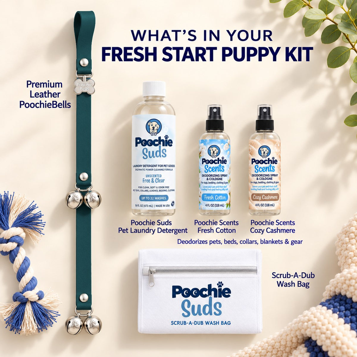 Fresh Start Puppy Kit | Lux Leather PoochieBells + Poochie Suds + Wash Bag + Scents - Poochie-Pets