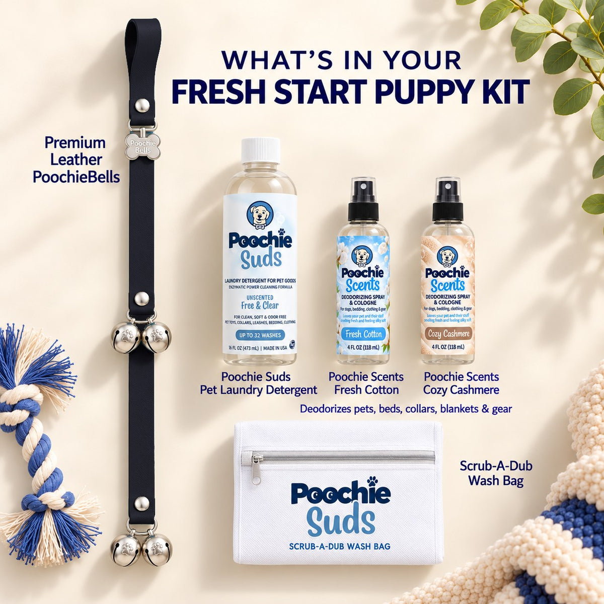 Fresh Start Puppy Kit | Lux Leather PoochieBells + Poochie Suds + Wash Bag + Scents - Poochie-Pets
