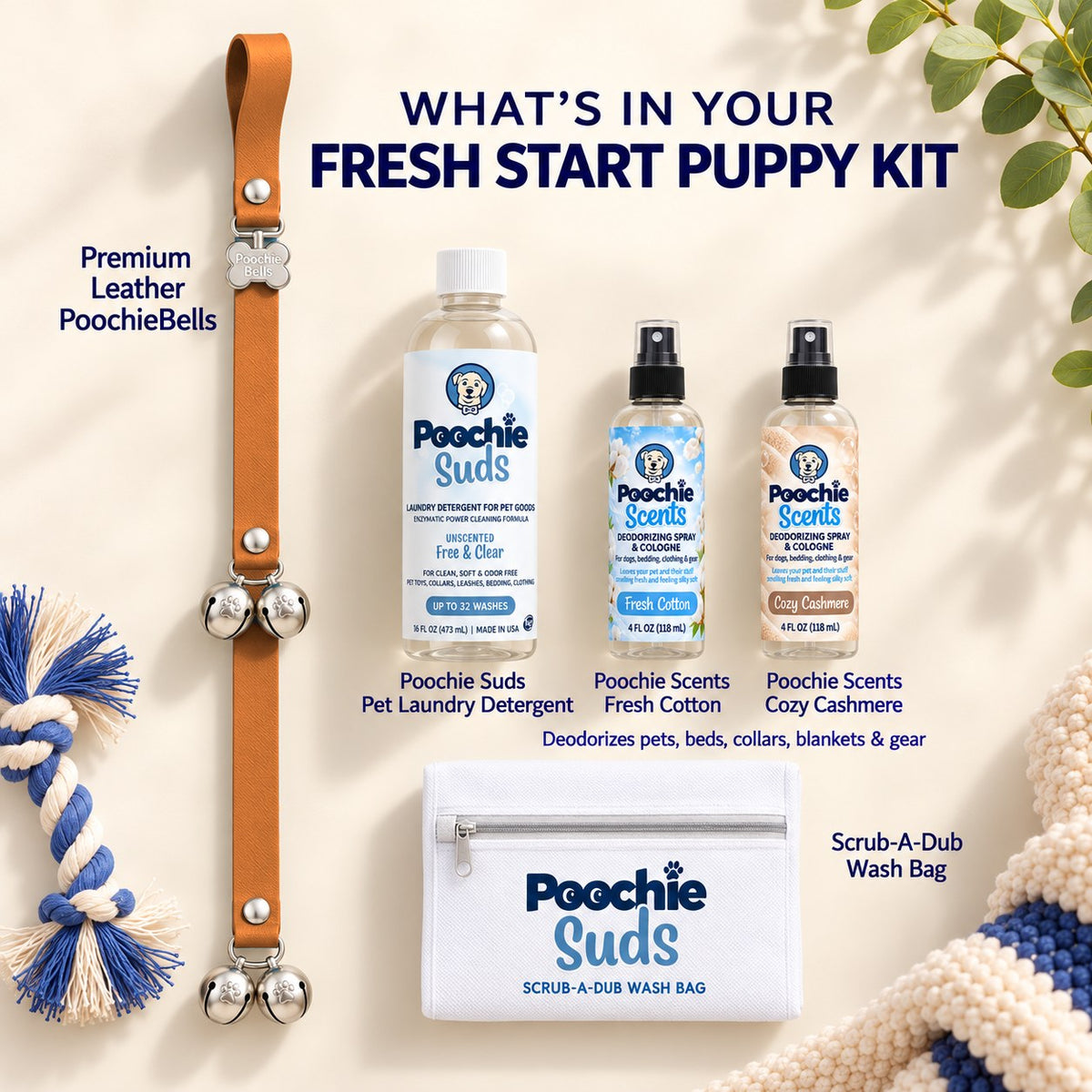 Fresh Start Puppy Kit | Lux Leather PoochieBells + Poochie Suds + Wash Bag + Scents - Poochie-Pets