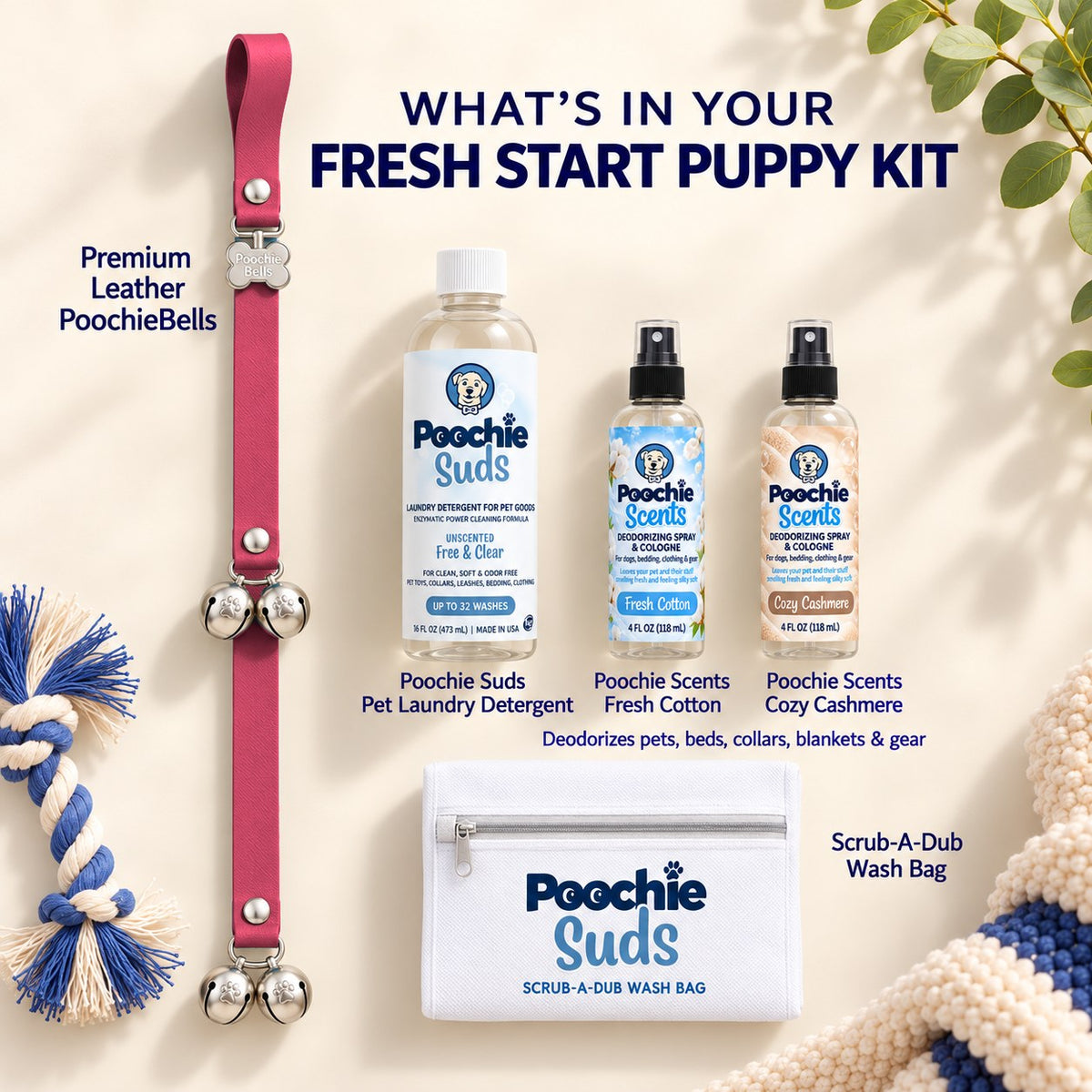 Fresh Start Puppy Kit | Lux Leather PoochieBells + Poochie Suds + Wash Bag + Scents - Poochie-Pets