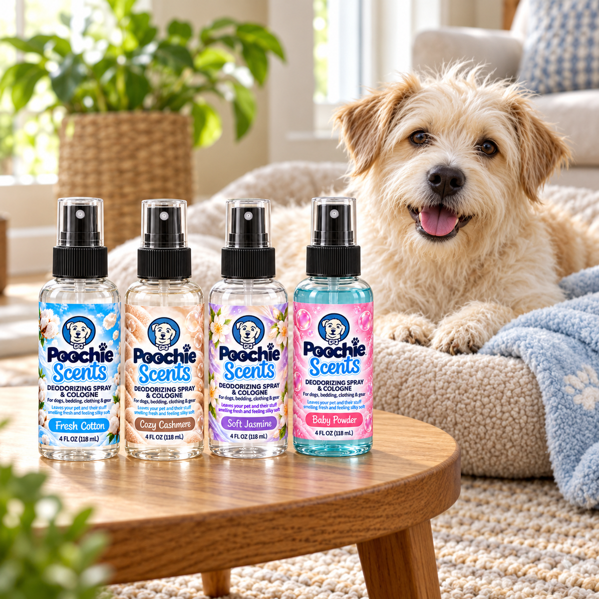 All four Poochie Scents sprays on a table next to a happy dog on its bed