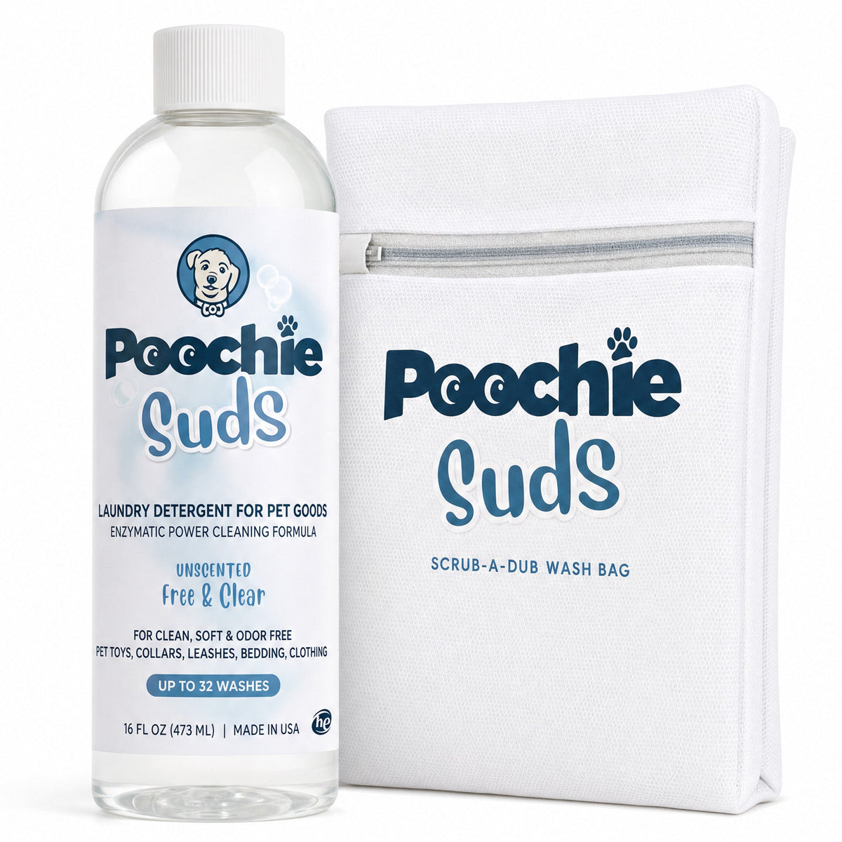 Poochie Suds Enzyme-Powered Pet Laundry Detergent & Wash Bag Starter Kit - Poochie-Pets