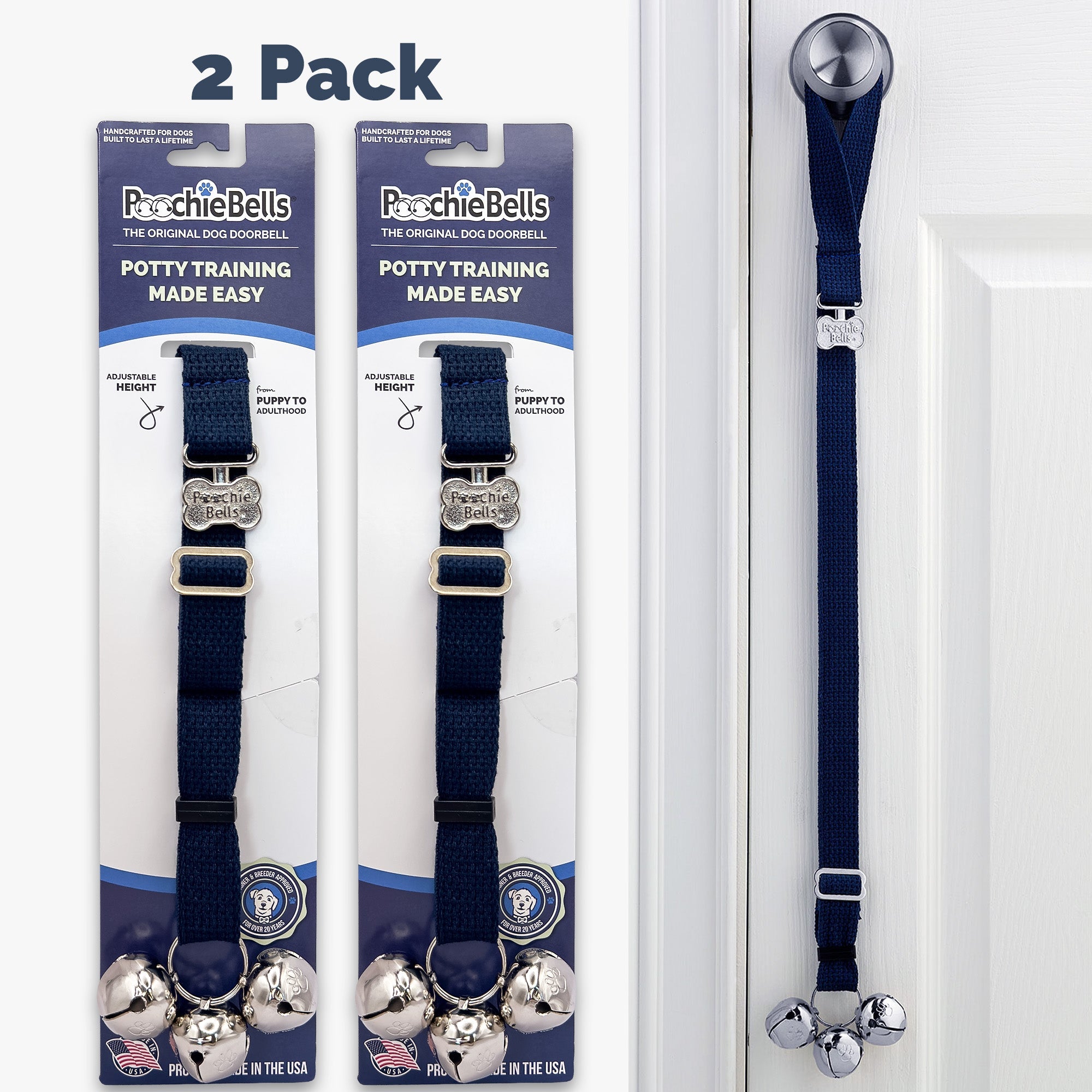 PoochieBells Adjustable Dog Doorbell 2-Pack | Cotton Webbing Navy - Poochie-Pets
