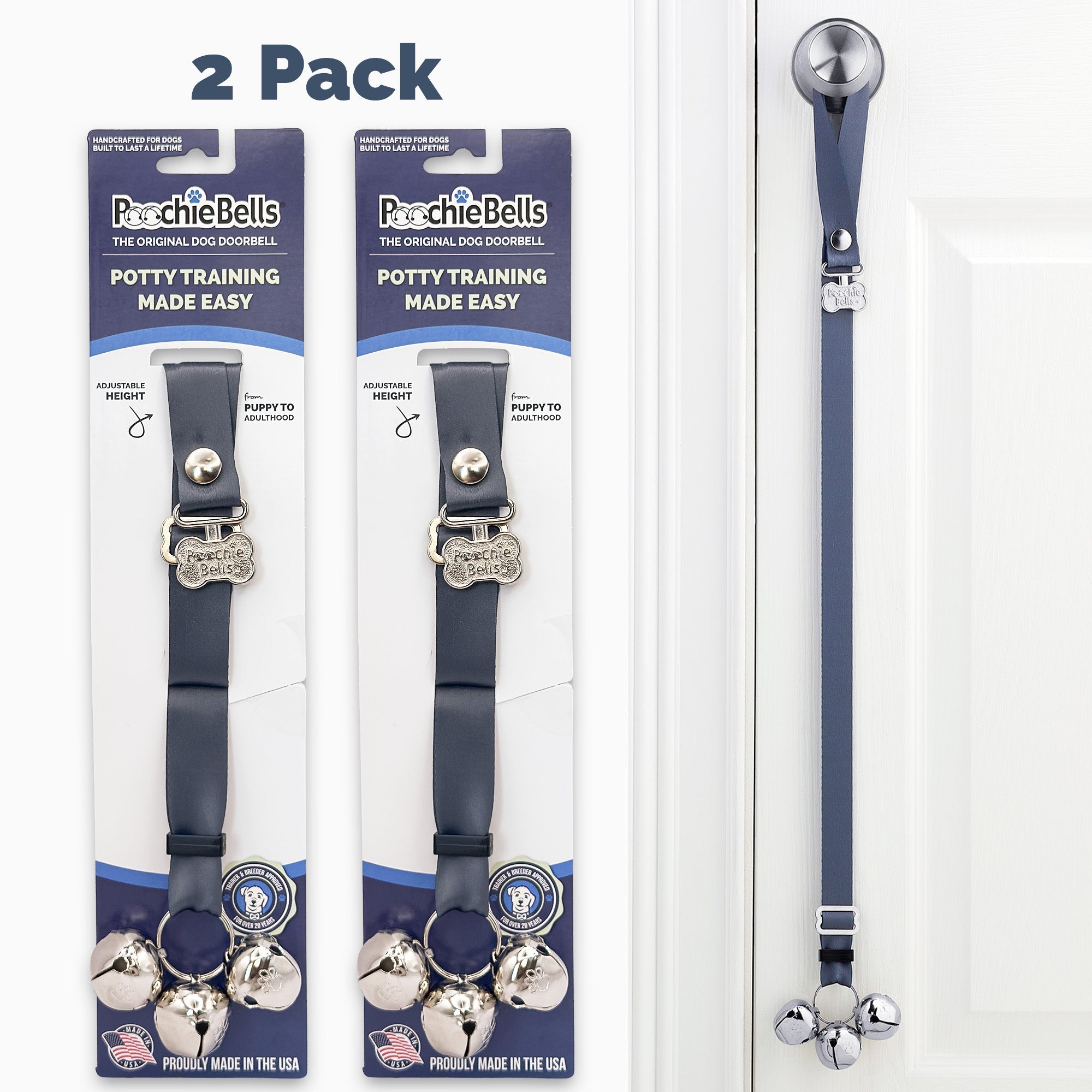 PoochieBells Adjustable Dog Doorbell 2-Pack | Solid Pewter Gray - Poochie-Pets