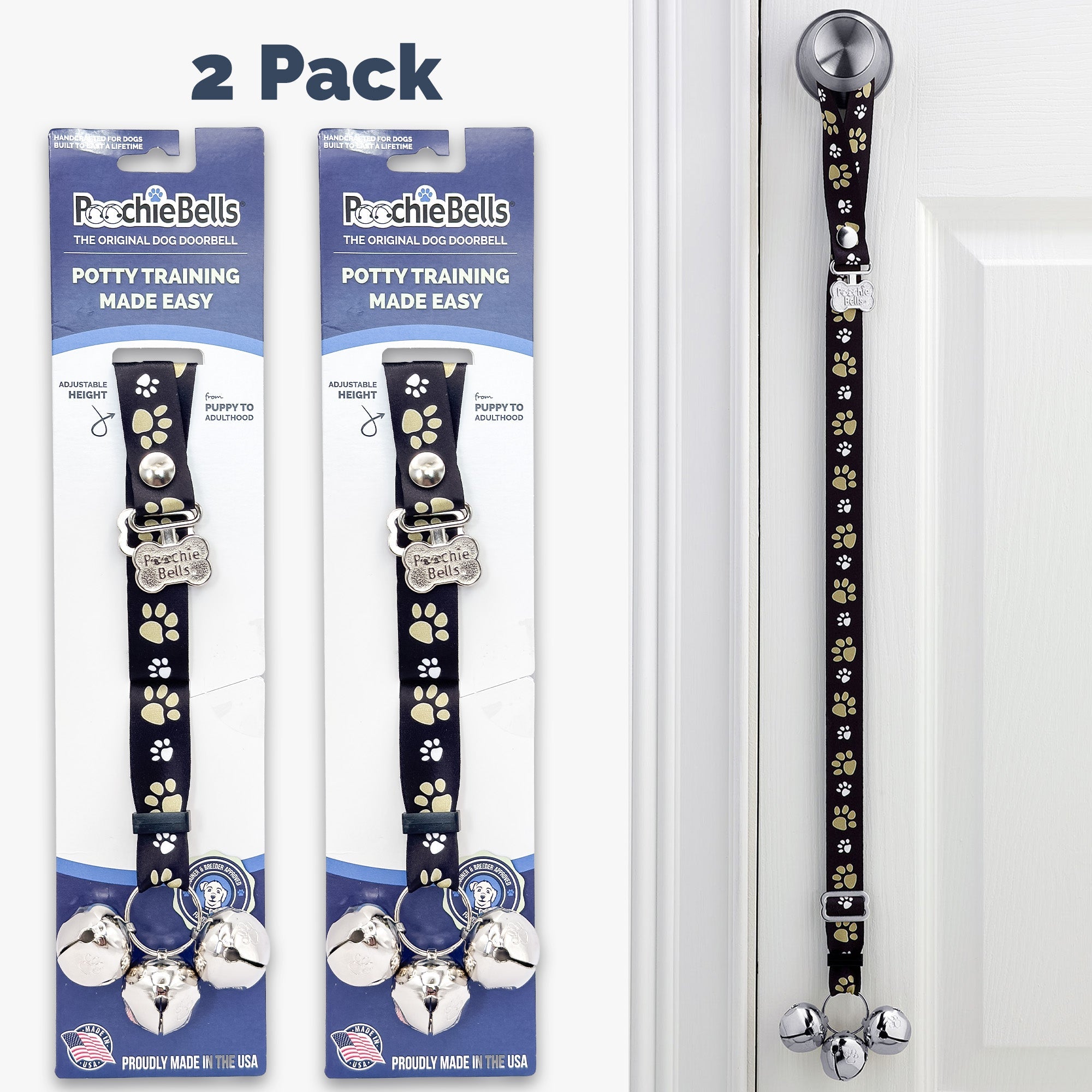 PoochieBells Adjustable Dog Doorbell 2-Pack | Team Tracks Black & Gold - Poochie-Pets