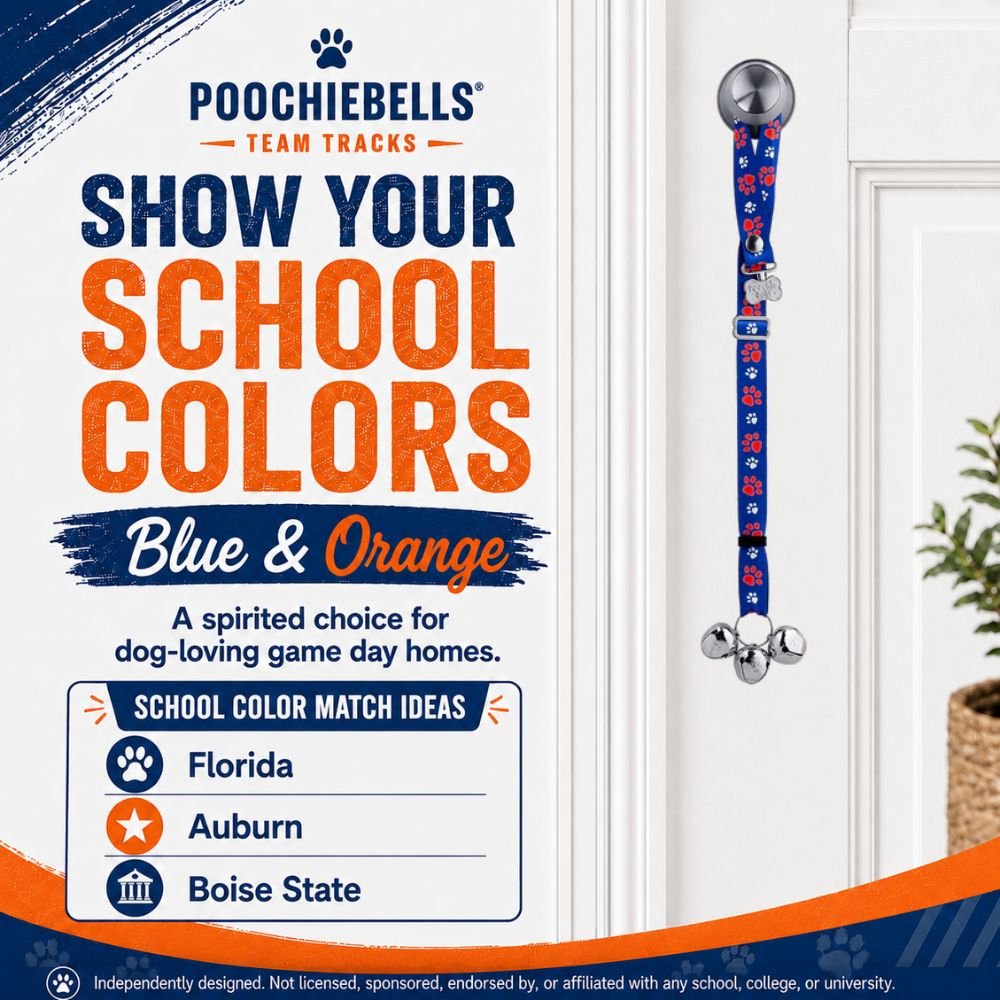 PoochieBells Adjustable Dog Doorbell 2-Pack | Team Tracks Blue & Orange - Poochie-Pets
