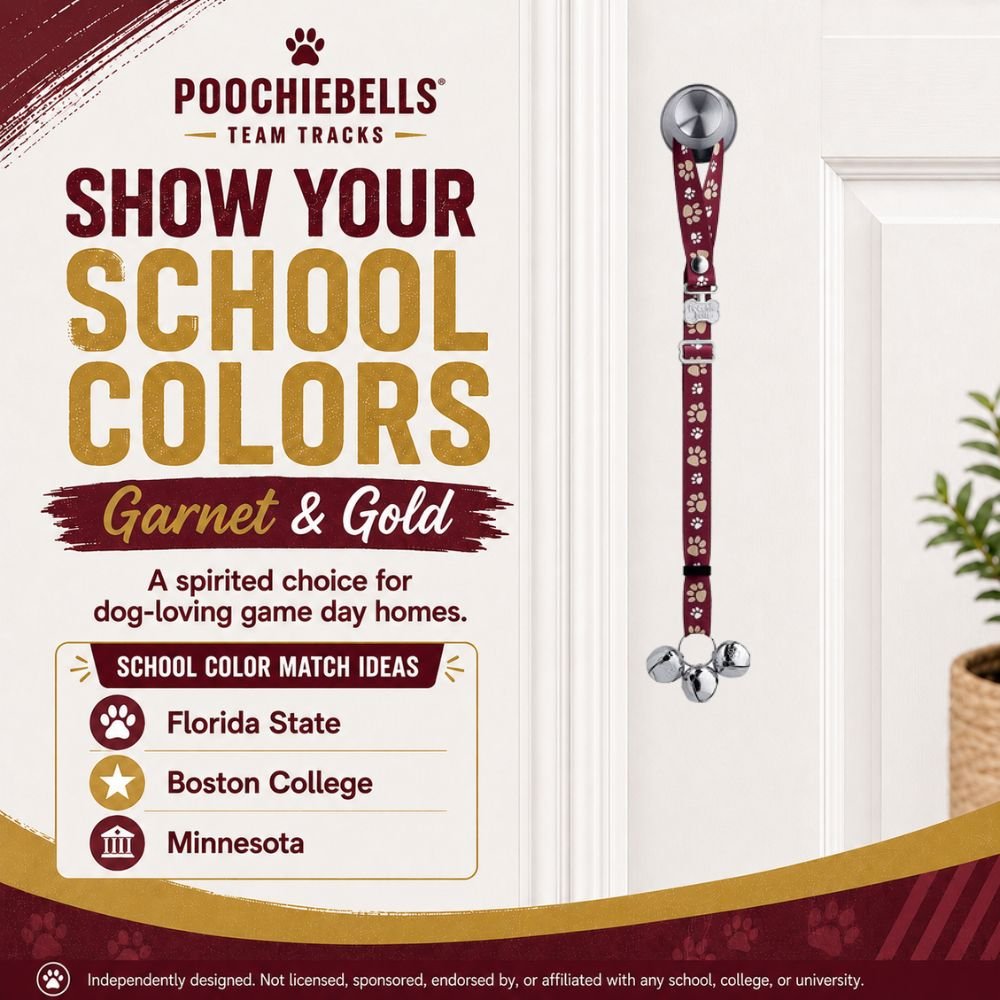 PoochieBells Adjustable Dog Doorbell 2-Pack | Team Tracks Garnet & Gold - Poochie-Pets