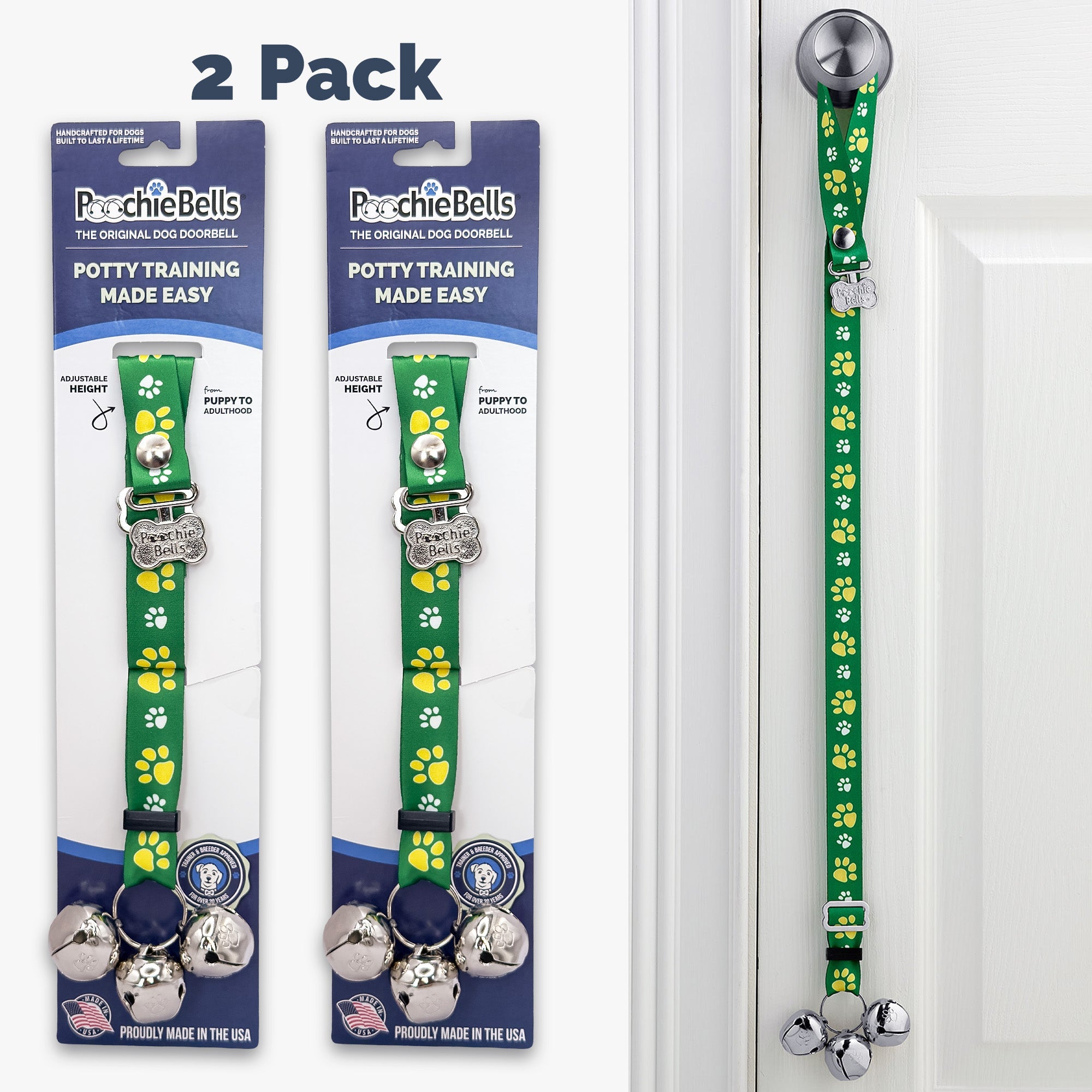 PoochieBells Adjustable Dog Doorbell 2-Pack | Team Tracks Green & Yellow - Poochie-Pets